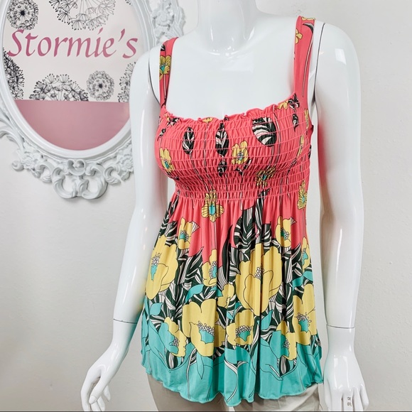 Wet Seal Tops - Wet Seal / Floral Tube Tank Top Pink Yellow Teal